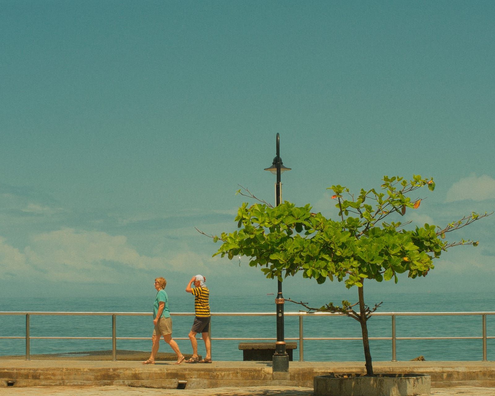 Two people walking a seafront promenade past a lamp post and a young tree, flat blue sea and sky behind.