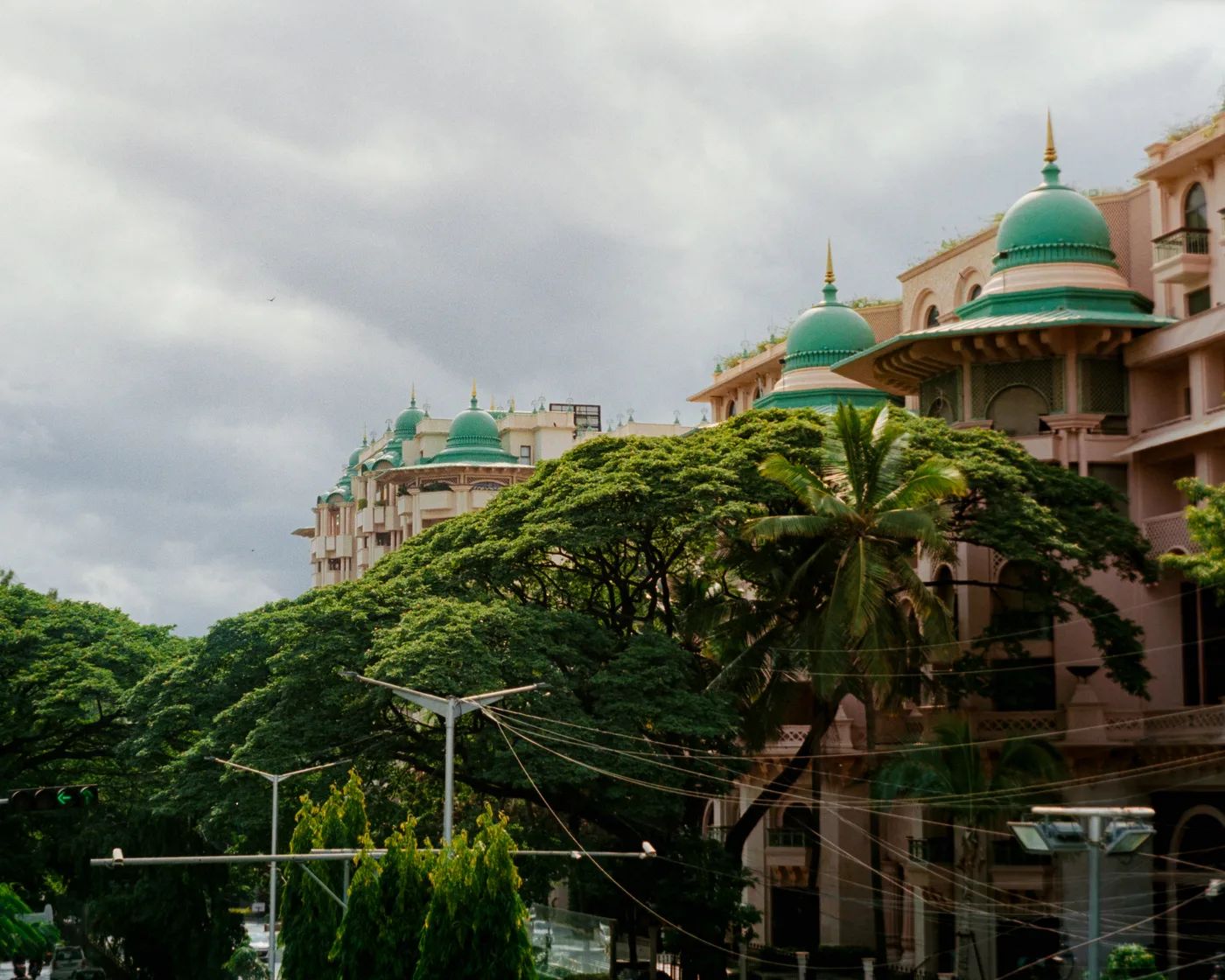Green domes and turrets of a large building rising above a canopy of trees under a grey sky.