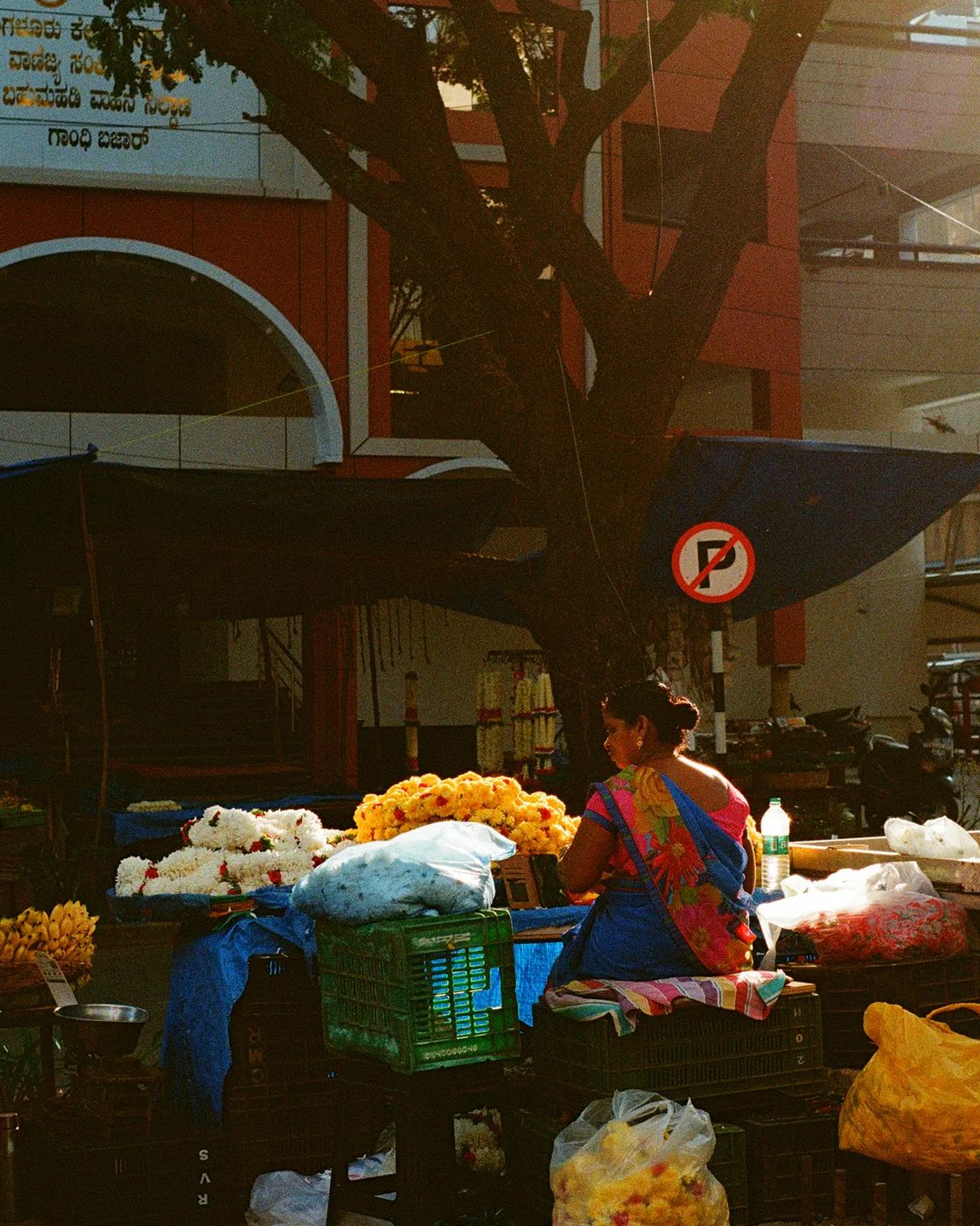 A flower seller sitting among marigold and jasmine garlands at a market stall, under a tree.